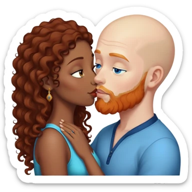 Bald white male with ginger beard and blue eyes kissing indian brown woman with black curly hair sticker