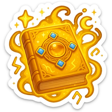 Make the mystic yellow book even more magical with sparkling magical energy, enchanted symbols, glowing effects, and a whimsical magical aura. Style it to resemble an apple emoji style. Keep no background. sticker