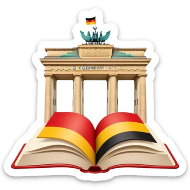 An icon featuring the Brandenburg Gate and the big flag of Germany, symbolizing the German language. The design includes an open book with German text representing language learning and German culture. Transparent background highlights the essence of German heritage. sticker