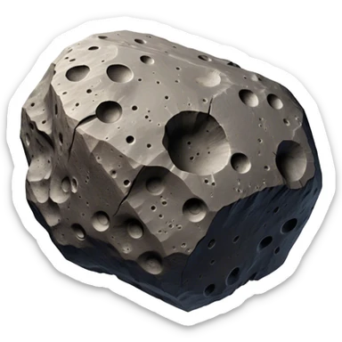  Cinematic Realistic Asteroid – A massive, irregularly shaped rock floating through the void, its cratered and pitted surface showing signs of ancient impacts. The harsh light from a nearby star reveals detailed textures and rugged, jagged edges. sticker
