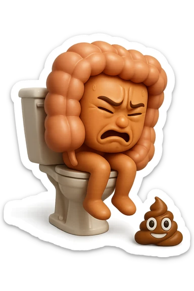 SU QUESTO STILE FAI UN EMOJI STILE IPHONE 3D DI UN INTESTINO CHE sta seduto sul wc e davanti ha una montagnetta di feci a palline stile emoji iphone, FAGLI UN ESPRESSIONE di dolore mentre si sforza E FALLO MOLTO REALISTICO IN 3D sticker