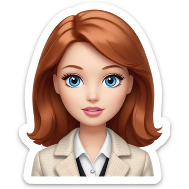 A Barbie girl with blue eyes, shoulder-length reddish-brown hair with makeup, wearing a white tweed jacket and a black skirt, pale beige body cosmetic cream pot sticker