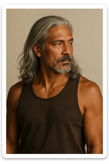 brown tanned man over 40 with long grey hair, looking to the side, upper body, plain background sticker