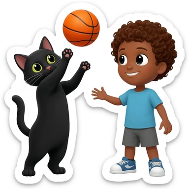 Black cat playing with orange basketball and a little boy with curly hair sticker