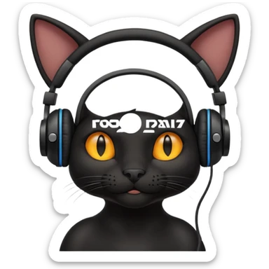 black cat with small ears with headphones sticker