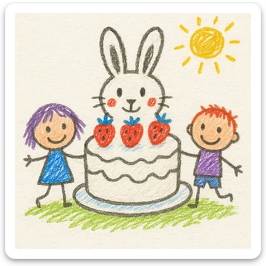 white cake shaped like a bunny with strawberries on top, children doodle style, whimsical and bright sticker