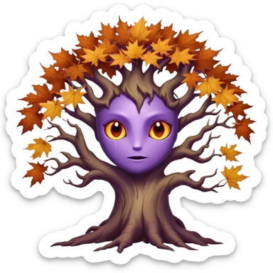 An ancient, psychic tree evolves by absorbing the essence of fallen autumn spirits, sprouting a radiant, maple-crowned face that channels both forest wisdom and fiery seasonal magic through its gnarled. Purple eyes, sharp teeth sticker