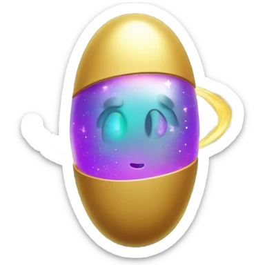 A glowing magical pill emoji with a golden outline and a swirling galaxy inside it. Tiny stars and planets orbit around it, and the background is a deep space scene with colorful nebulae. sticker