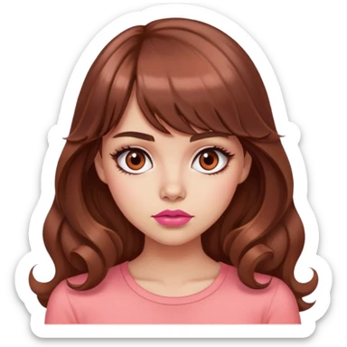 cute woman, unimpressed face, mean popular girl, light tan skin, big dark brown eyes, very long wavy auburn hair, bangs, pink top, coral lipstick sticker