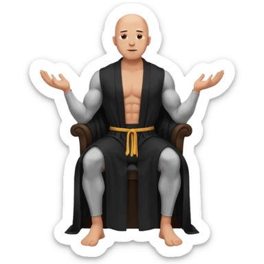 fullbody jacked bald guy, sleeveless and unbuttoned in full black robe sitting sticker