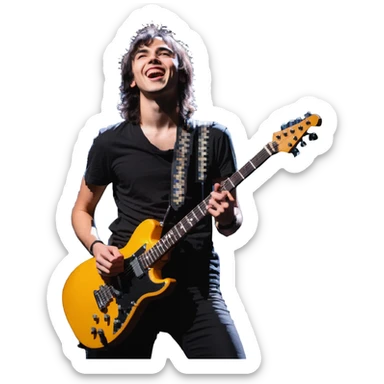 Rockstar musician with a confident smile looking up, electric guitar, stage lights, performing sticker