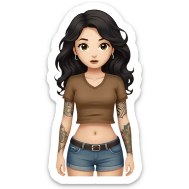 Fair skin girl - Long black hair, wavy - Tattoo on upper arm - No tattoo on lower arm - Wearing brown short-sleeved shirt with exposed belly button - Full body shot - Tattoo on upper arm only sticker
