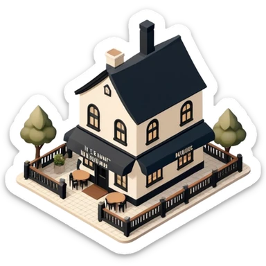 Isometric exterior little black, beige, and white mountain restaurant and pub, dollhouse style 3D realistic  sticker
