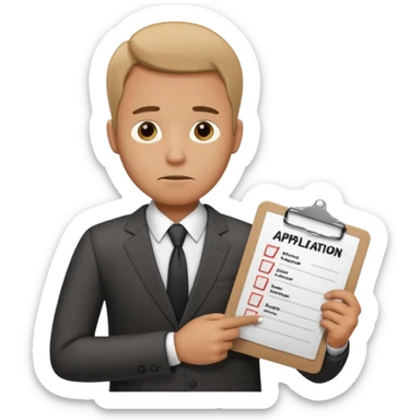 Man looking sad while holding a clipboard with a checklist that has a heading that says job application  sticker