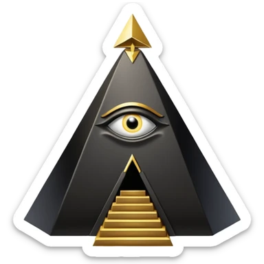 wide big iron black Illuminati throne with gold accents, pyramid and glowing all-seeing eye sticker