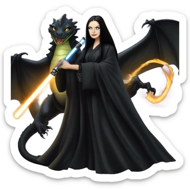  beautifully dressed teen Morticia Addams Jedi riding on the back of a very large black shiny evil-looking fire-spewing dragon. proper scale sticker