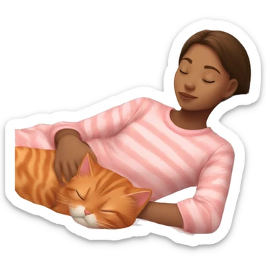 brunette girl sleeping wearing pink pjs with her orange tabby cat  sticker