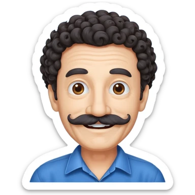 old guy with very curly dark hair and big blue  mustache sticker