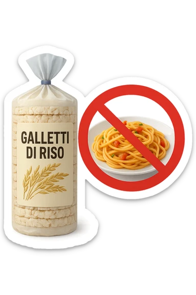 confezione di gallette di riso con accanto un piatto di pasta con divieto sopra, in italiano,  realistici sticker
