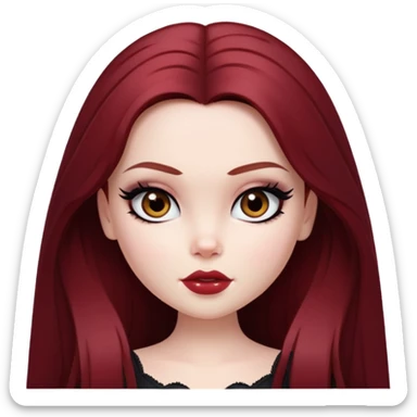 pretty bratz girl, pale skin, dark red hair,  long hair, brown eyes, black eyeliner sticker