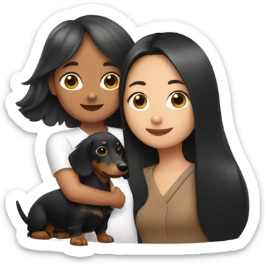 an Asian girl with long hair, hugging a black and tan long haired dachshund with a branch in its mouth sticker