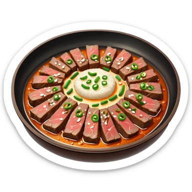 sizzling plate of bulgogi, thinly sliced marinated beef, Korean food sticker