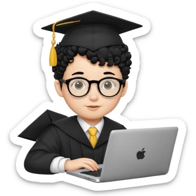 A baby boy DEVELOPER WITH A laptop, black curly hair and topknot, wearing glasses and a mortarboard sticker