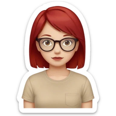 girl short-layer-red-hair wear beige T-shirt, wear dark red glasses sticker