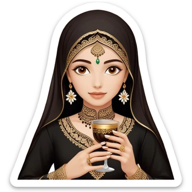 A delicate hand adorned with intricate floral henna designs holds a traitional glass of Arabic coffee. The deep brown henna contrasts beautifully with the rich embroidery of the black outfit, which features shimmering floral patterns. A gold ring and dark nail polish add elegance to the aesthetic. sticker