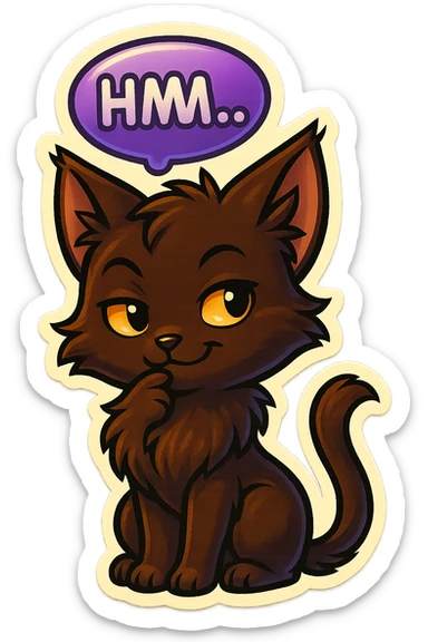 a dark-brown fluffy cute kawaii anime cat with tufted ears and a long thin tufted tail, thinking, smirking thoughtfully, saying “Hmm..” with a purple speech bubble, (cartoon style) (furry style) (deviantArt style) (artist style: Kamirah) sticker