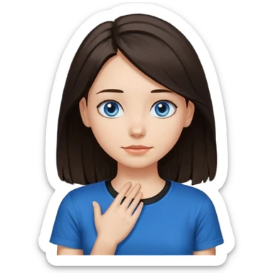 Girl with dark brown hair thats about shoulder lenght with blue eyes putting two hands on their neck in a black tshirt sticker