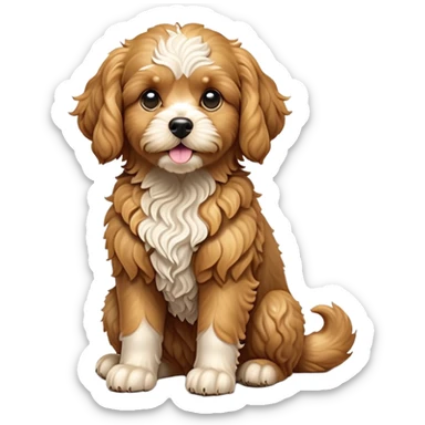 cinematic-[cavoodle dog]-realistic-full-body-sitting-emoji,-tail-resting-loosely-beside-its-paws,-head-tilted-dramatically,-very curly-[solid golden]-fur,-simplified-yet-realistic-focused-features,-highly-detailed,-glowing-with-an-almost-sarcastic-glow sticker