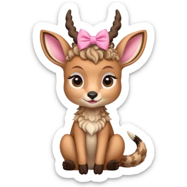 cute gazzelle with curly fur, sitting down, wearing a pink bow on its head.   sticker