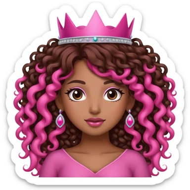 Brown girl diva long curly hair with pink crown sticker