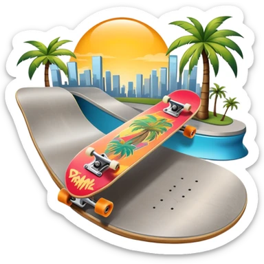 An icon featuring a skateboard resting on a smooth concrete surface. The background shows a sunny skate park with ramps, graffiti walls, and palm trees, creating an urban vibe. The skateboard is designed with vibrant colors and unique graphics. Transparent background  sticker