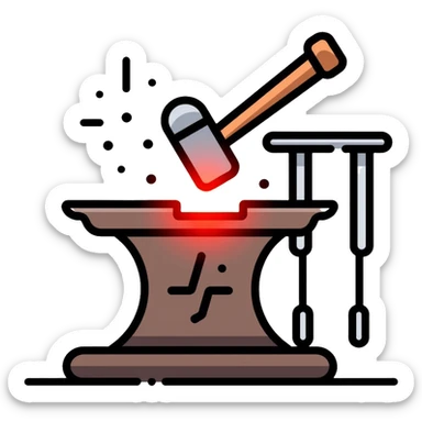 Blacksmithing icon, forged metal piece being shaped with hammer and anvil, glowing red-hot metal, blacksmith tools like tongs and chisel, sparks flying, minimalistic style, clean lines sticker