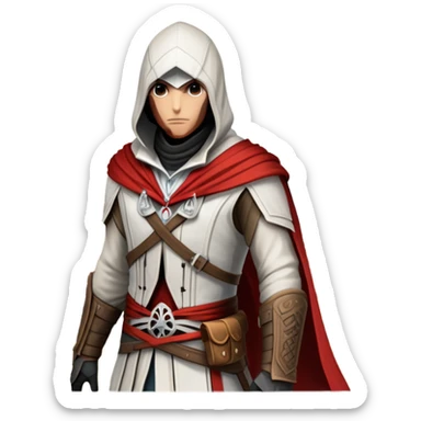 icon featuring Assasin's Creed in an iconic assassin's hood, standing tall against the backdrop of Florence. The design captures the essence of adventure, with intricate details of historical architecture and a sense of mystery. The character is poised, ready for action. transparent background. sticker