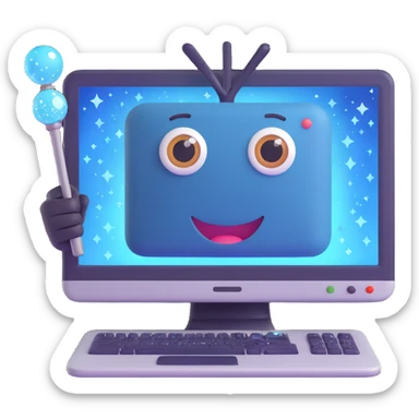 cheerful computer with friendly eyes and a magic wand surrounded by sparkles, representing AI-generated content in a fun way sticker