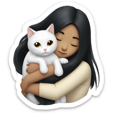 girl with very long black hair and  hugging a white cat sticker