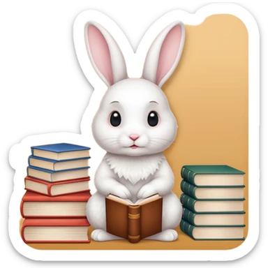White rabbit sitting next to a stack of books consisting of 3 books sticker