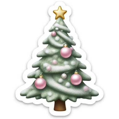 Sage green Christmas tree dusted with snow adorned with light pink ornaments with a light pink bow for a tree topper  sticker