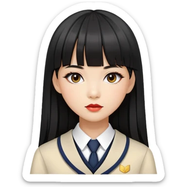 chic woman with Asian skin, black long straight bangs, wearing a school uniform, and makeup sticker