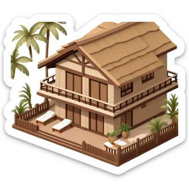 Isometric exterior brown and beige Disney polynesian beach hotel resort, dollhouse style 3D realistic  sticker
