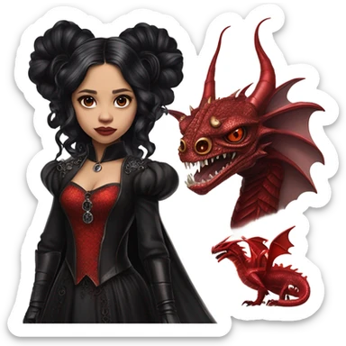 Lavish Victorian evening gown with gloves, Jenna Ortega as Addams girl Jedi wearing a steampunk mini tiara, standing next to a very large blood red evil-looking horned dragon sticker