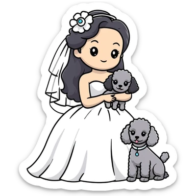 A beautiful girl with long black hair in a wedding dress holds a small gray poodle sticker