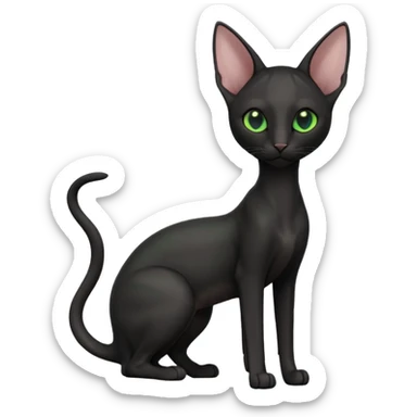 A 3D cartoon black Oriental Shorthair cat with sleek body, tall ears, reflective fur, dark cinematic background, Memoji-style. full body or half body. sticker