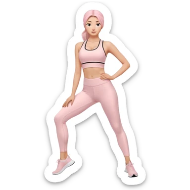 trendy yoga outfit emoji, matching sports bra and high-waisted leggings pastel pink, ribbed texture tiny logo, soft flexible fabric, modern empowering style sticker