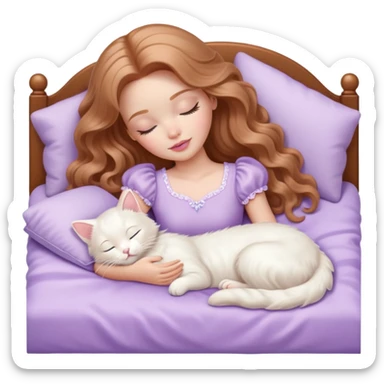 White Barbie girl Chestnut long wavy hair sleeping with white kitty at pale lavander bed sticker