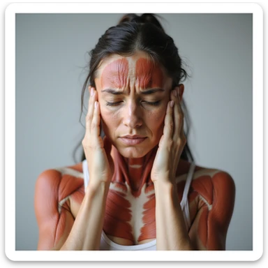 hyperrealistic 4K quality image of a woman with muscle-tension headache, suffering face, hands pressing on temples, tense and reddened neck and shoulder muscles, realistic anatomical details, neutral background sticker