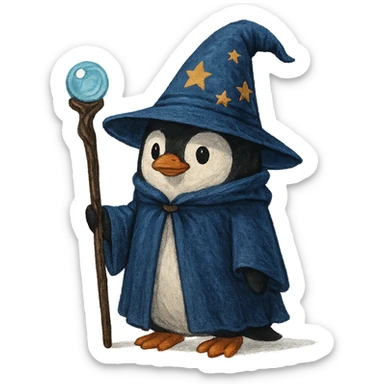 penguin wizard wearing a magical hat and holding a staff sticker